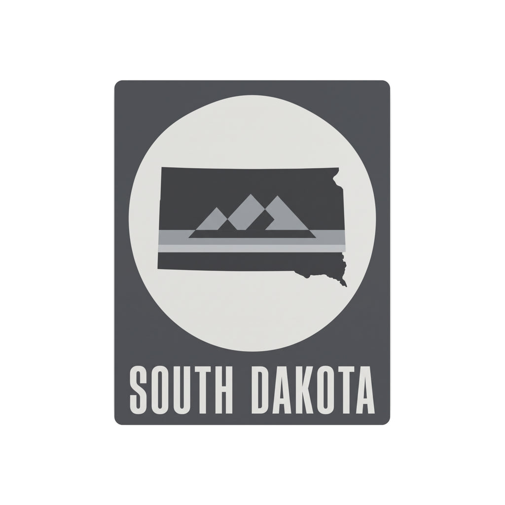 South Dakota metal wall sign, gray with mountain silhouette circle and bold title