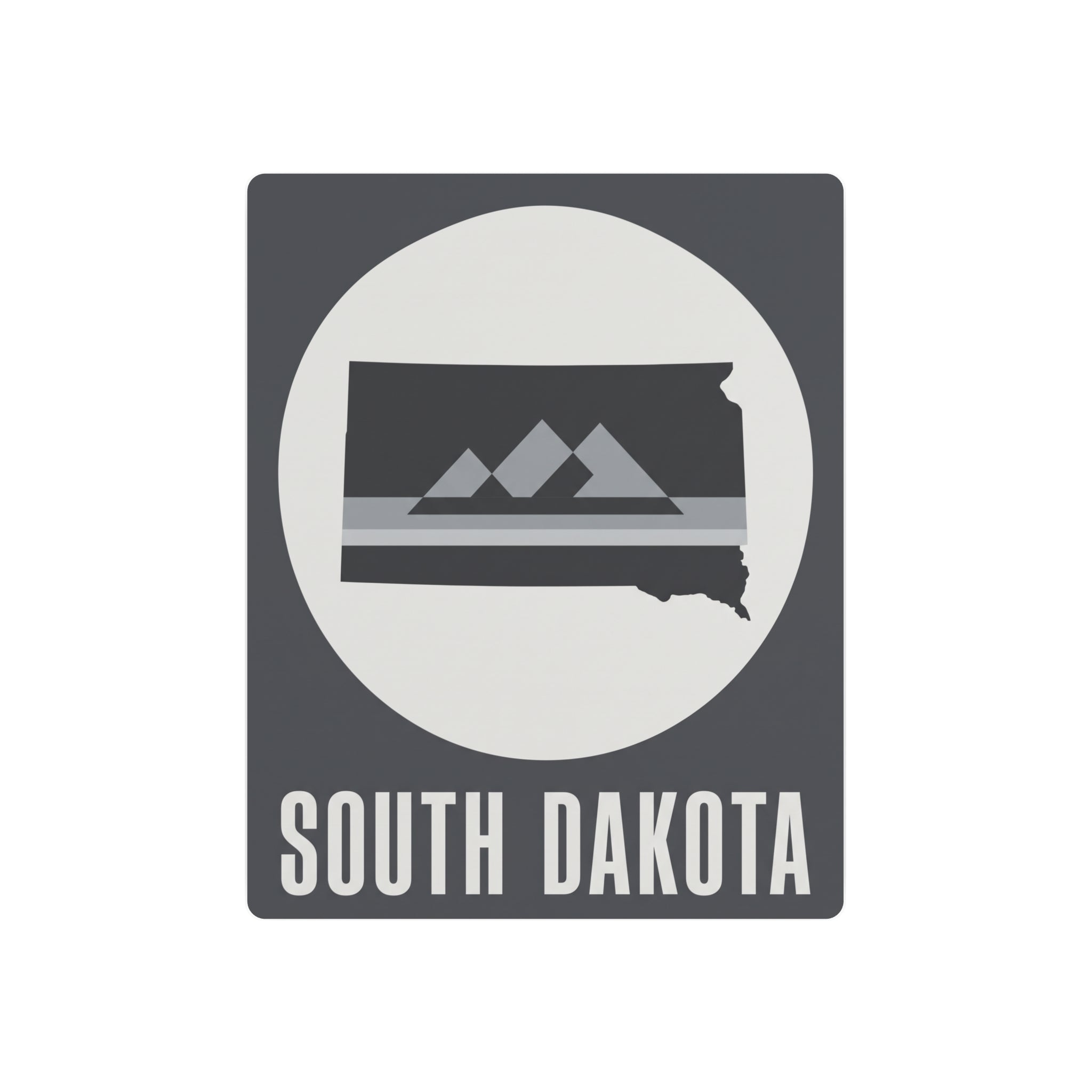 South Dakota metal wall sign, gray with mountain silhouette circle and bold title