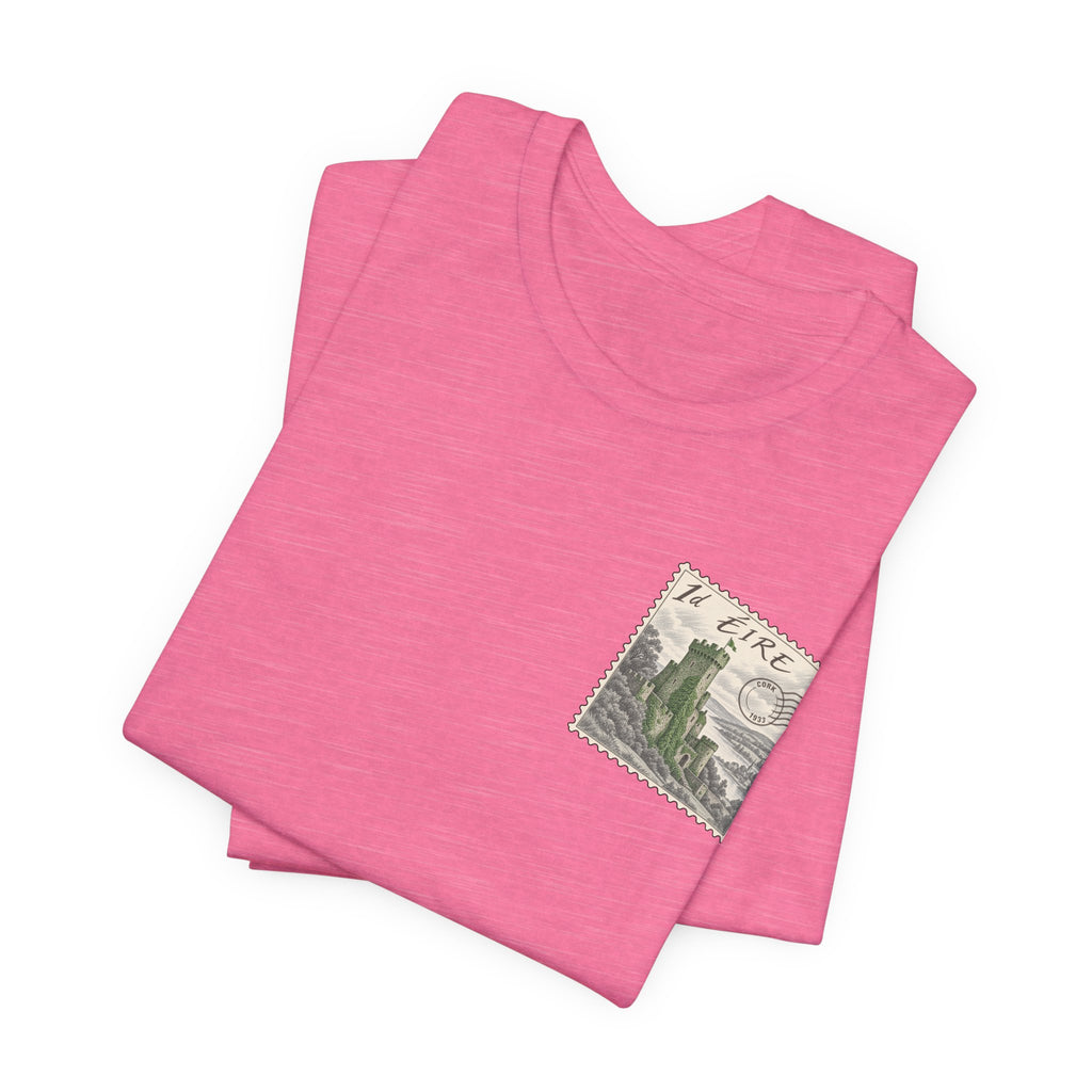 Pink short-sleeve t-shirt with small vintage postage stamp graphic