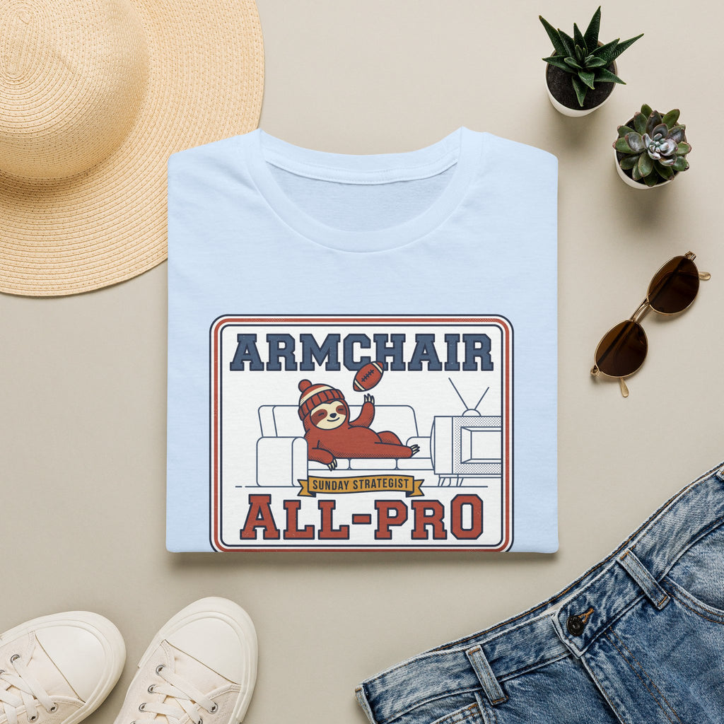 Funny sloth graphic football T-shirt in light blue, “Armchair All-Pro” print