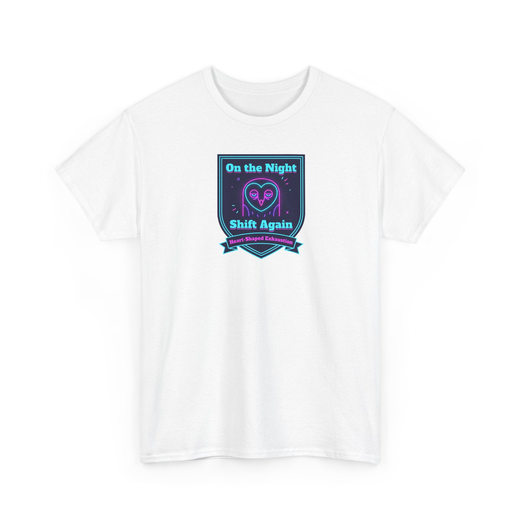 White crew-neck T-shirt with badge-style night shift slogan graphic on chest
