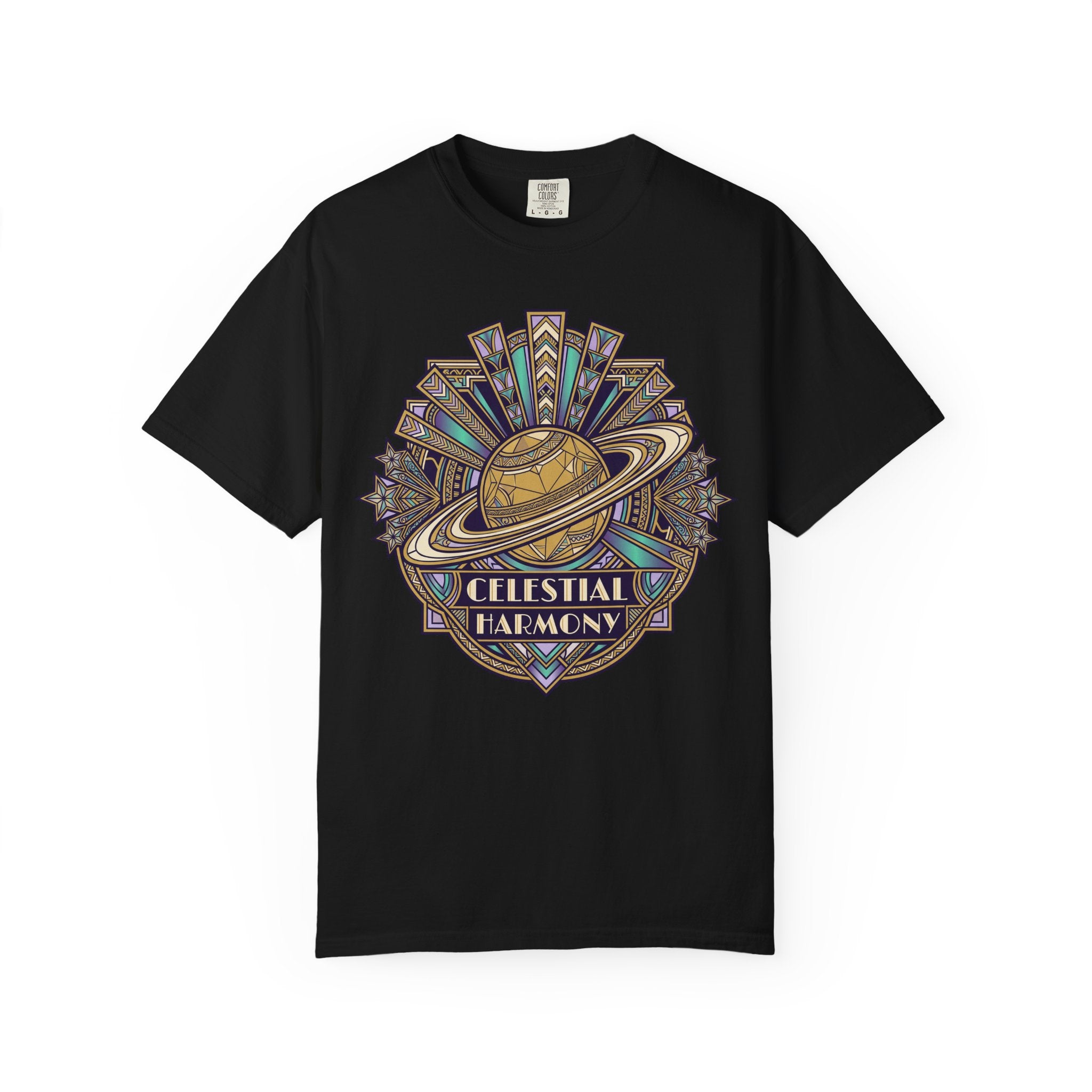 Black T-shirt with Celestial Harmony planet graphic on front