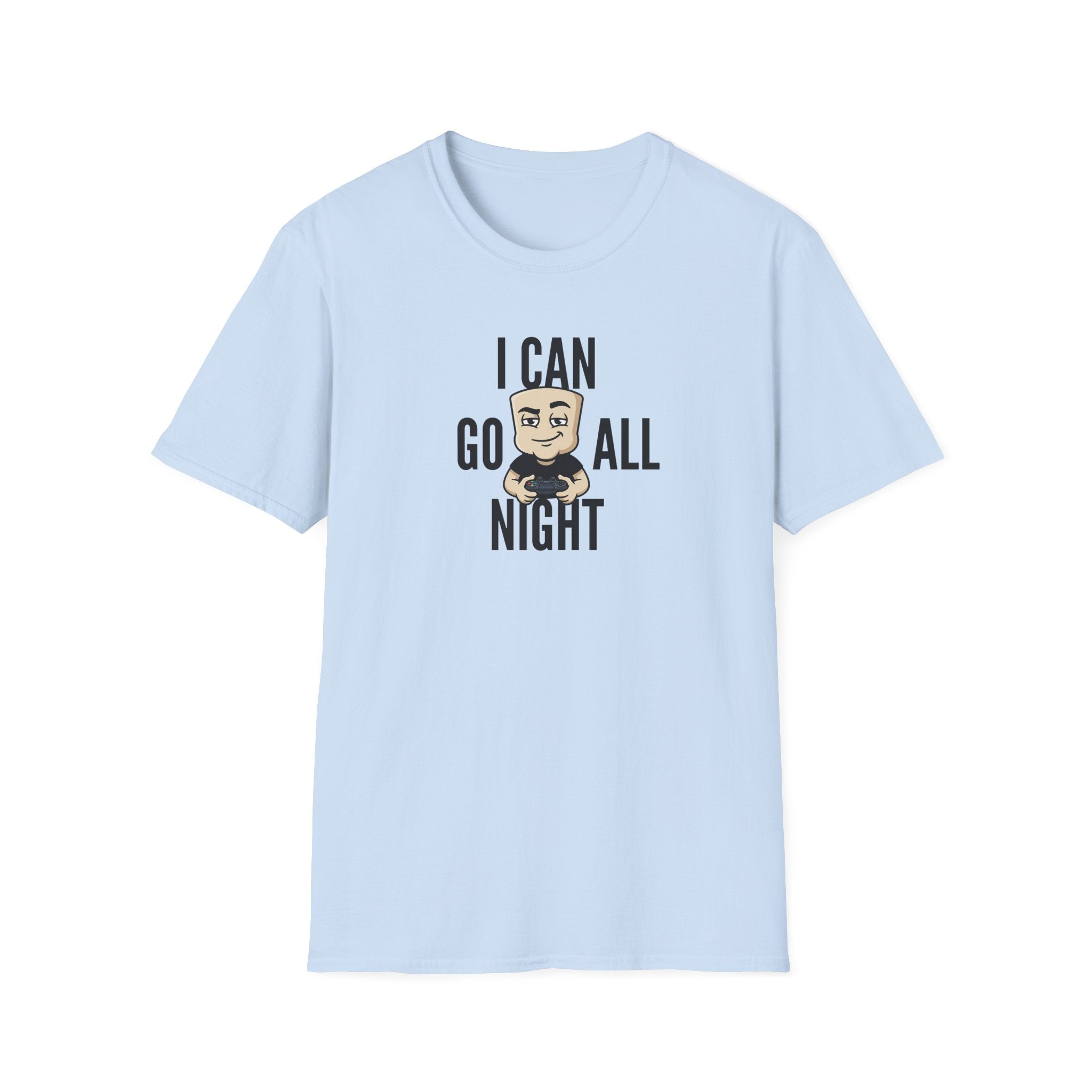 Light blue T-shirt with front gamer graphic and “I Can Go All Night” text
