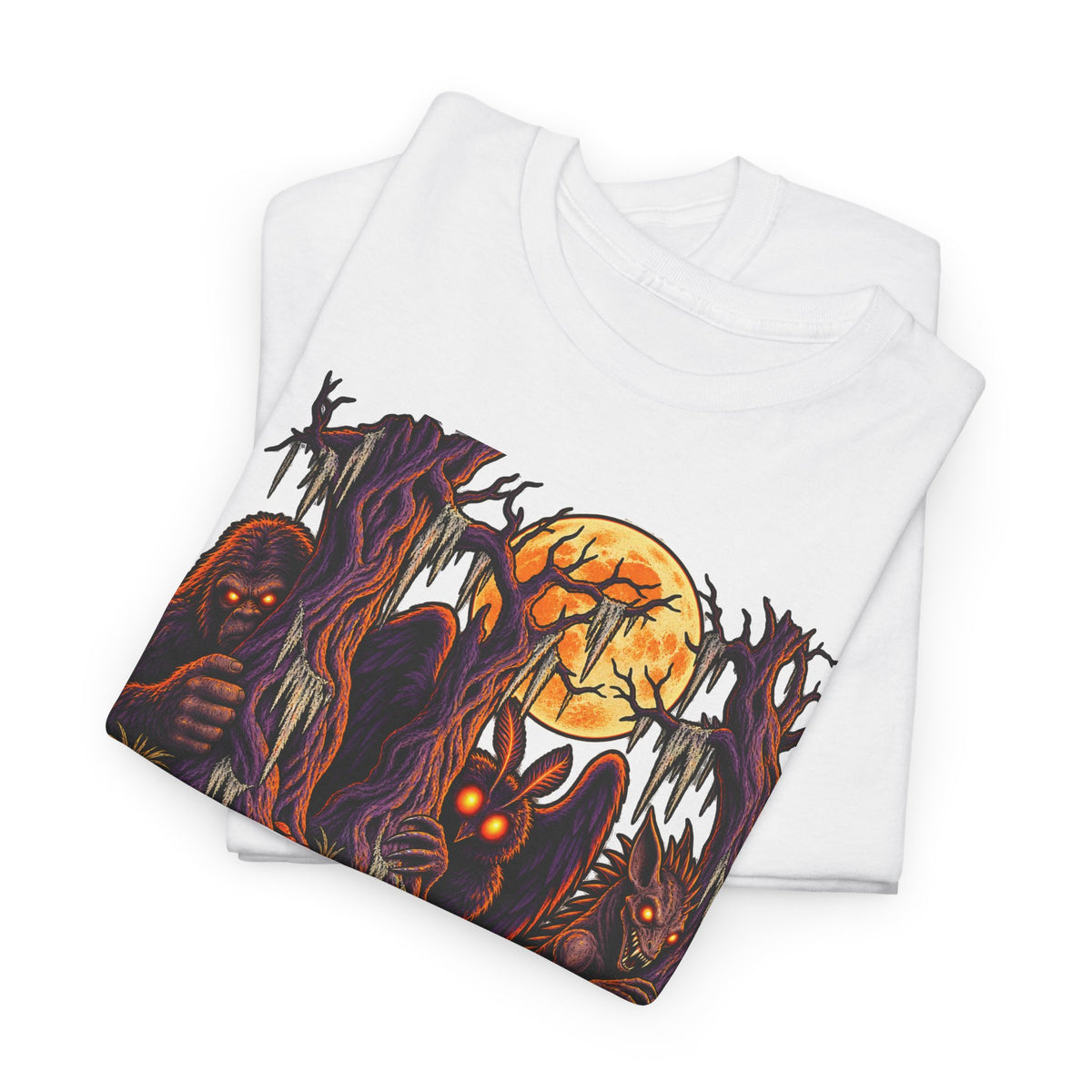 White Halloween monster graphic T-shirt with glowing pumpkin skull artwork