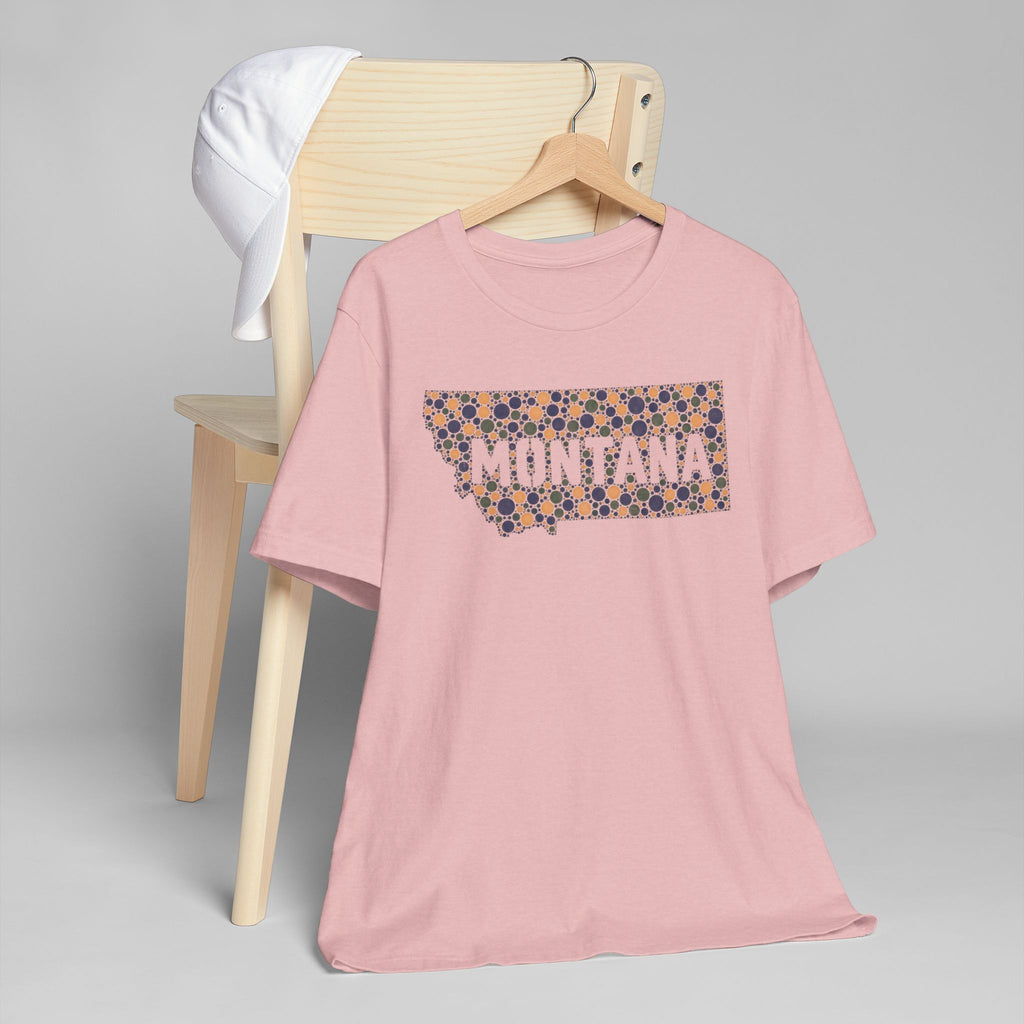 Light pink crewneck T-shirt with colorful Montana outline graphic on the chest