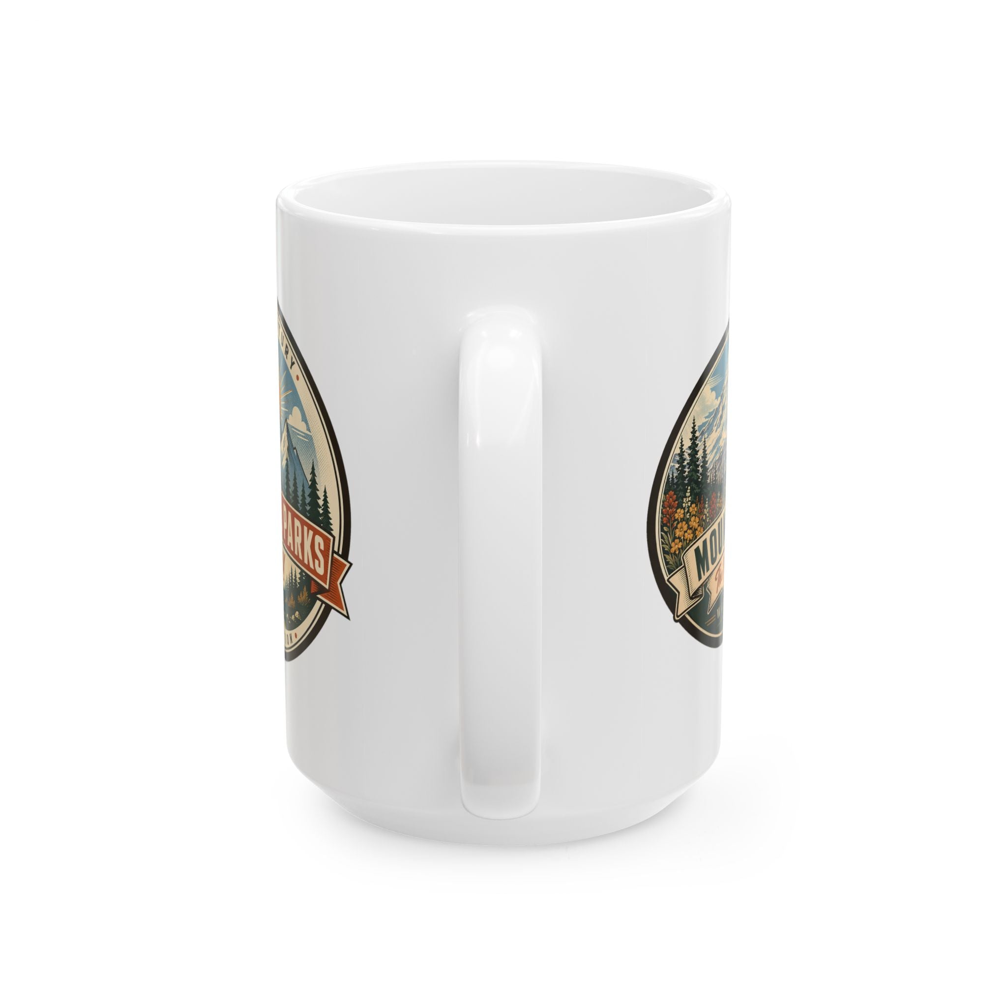 White ceramic mug with side Mount Rainier emblem graphics, handle centered