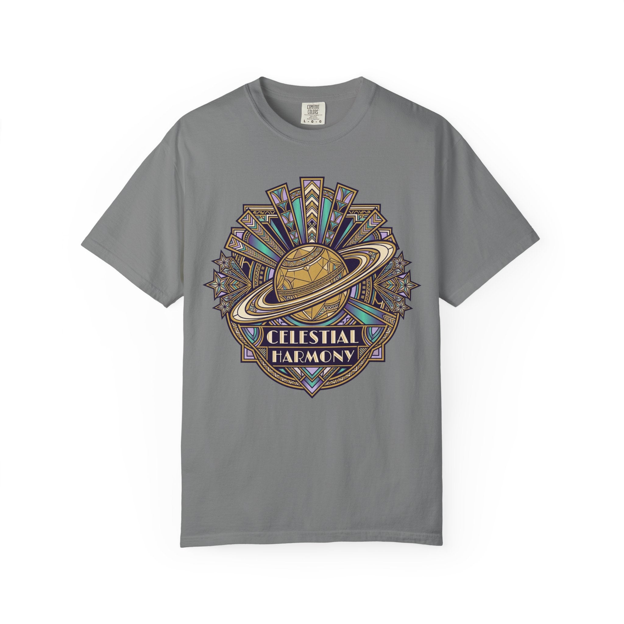Gray crewneck T-shirt with Saturn-like celestial graphic on the chest