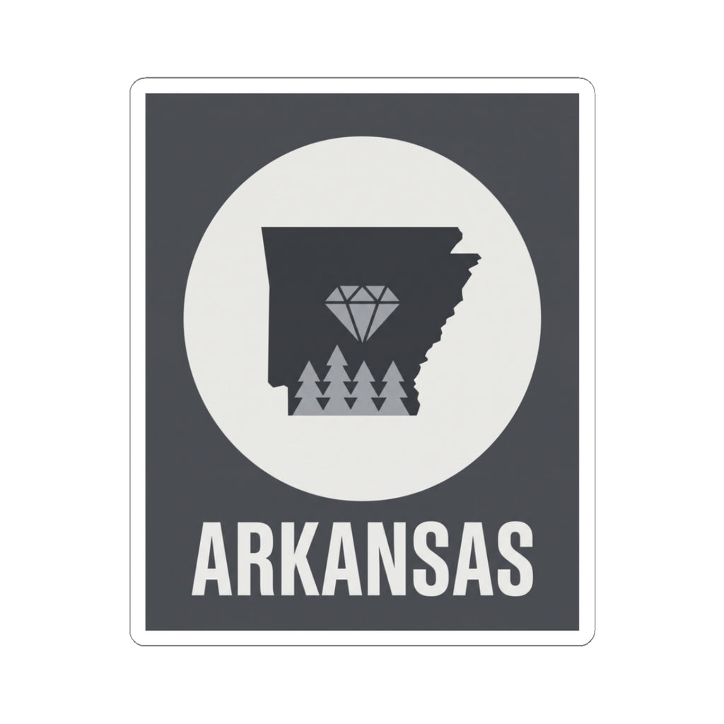 Arkansas vinyl sticker with dark state silhouette, diamond and trees, and ARKANSAS text