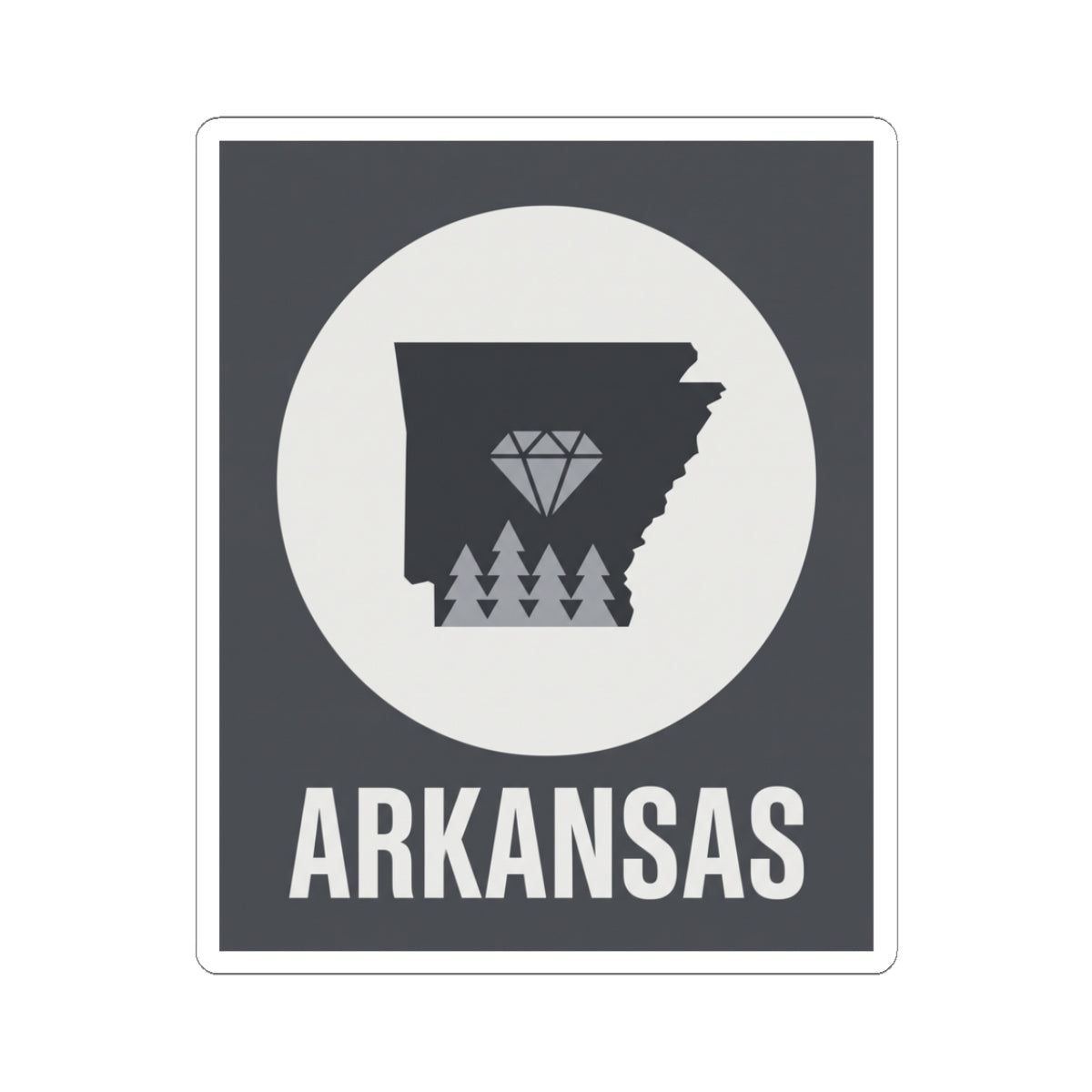 Arkansas vinyl sticker with dark state silhouette, diamond and trees, and ARKANSAS text