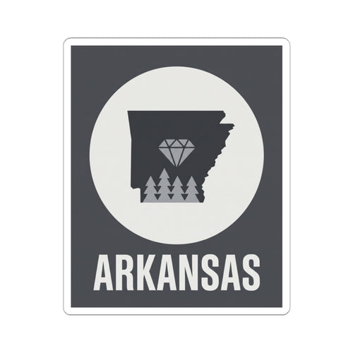 Arkansas vinyl sticker with dark state silhouette, diamond and trees, and ARKANSAS text