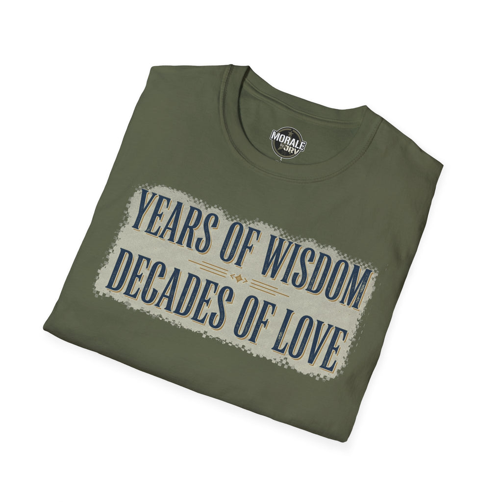 Olive green T-shirt with “Years of Wisdom” slogan front print