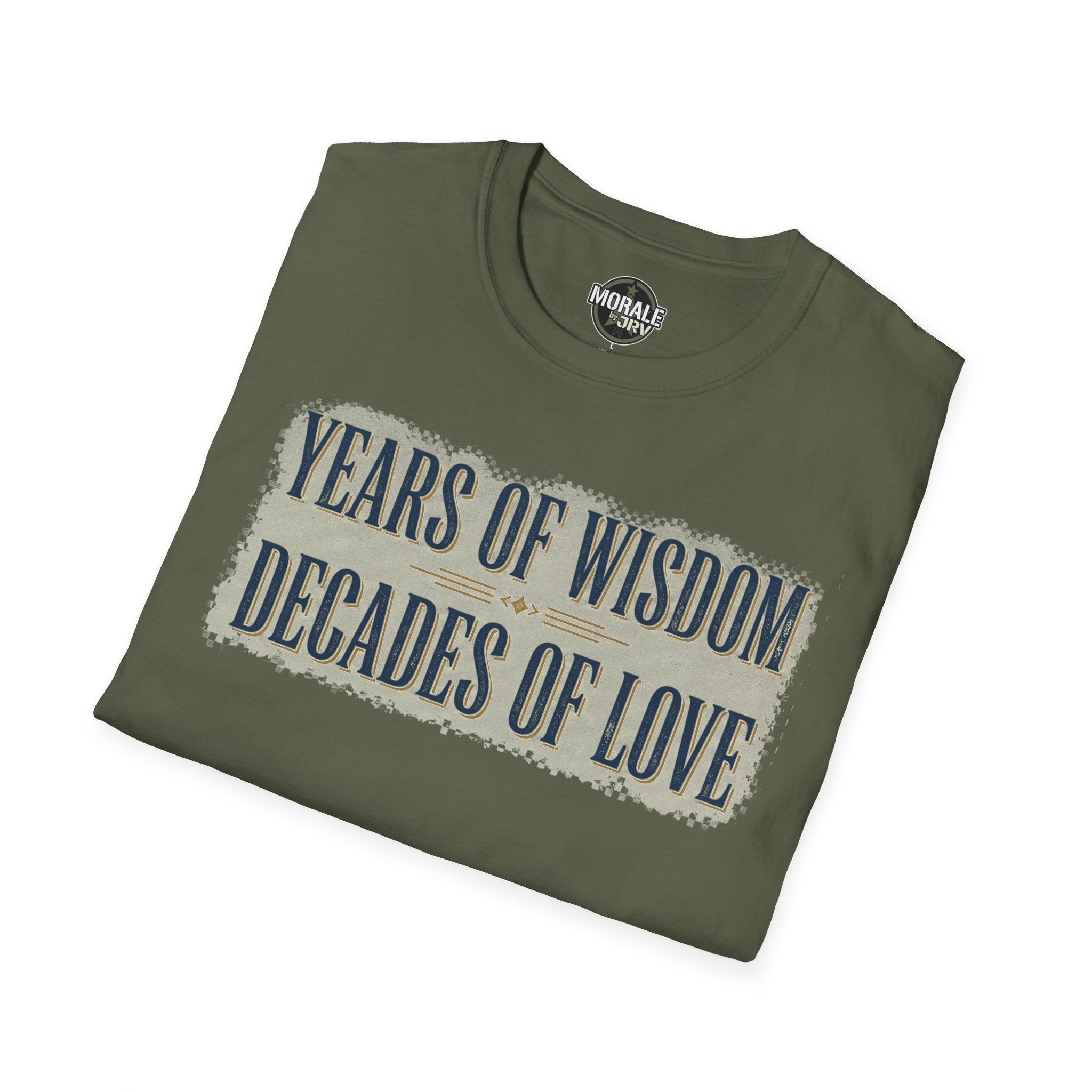 Olive green T-shirt with “Years of Wisdom” slogan front print