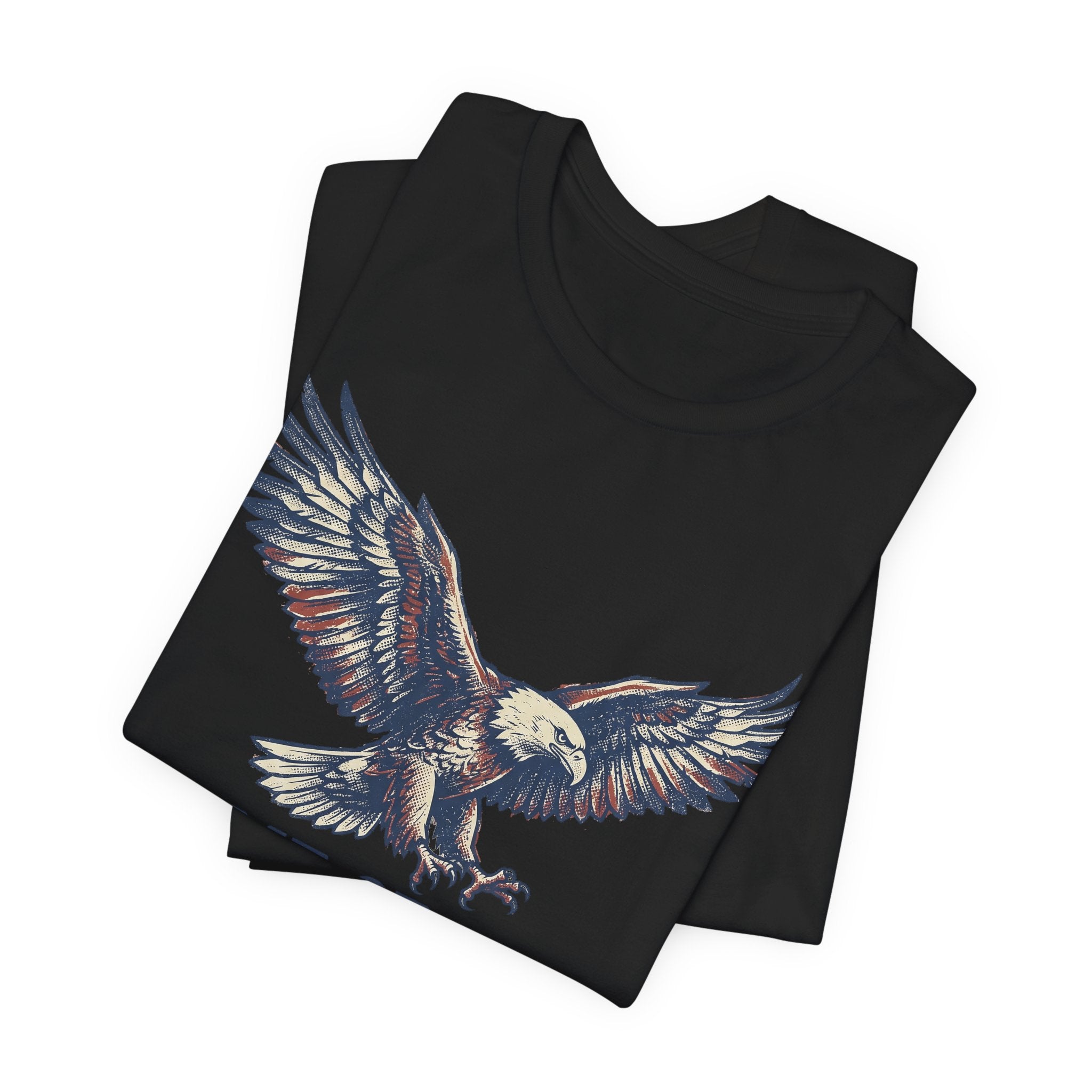 Black T-shirt with partial flying bald eagle graphic print