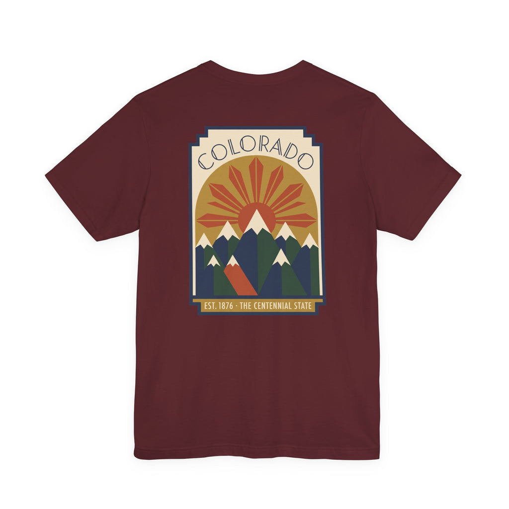 Maroon T-shirt with Colorado sunset mountain graphic front print