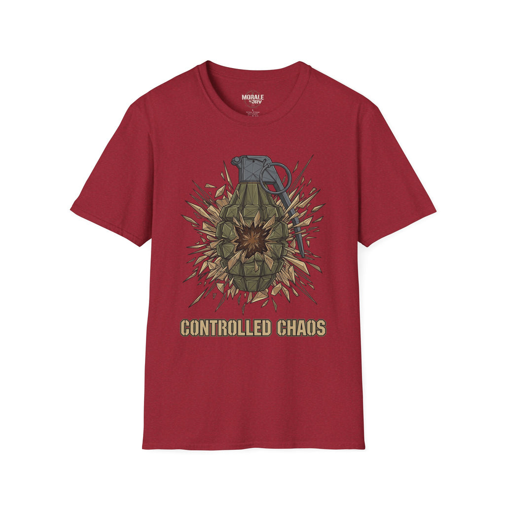 Antique cherry red T-shirt with controlled chaos grenade explosion graphic