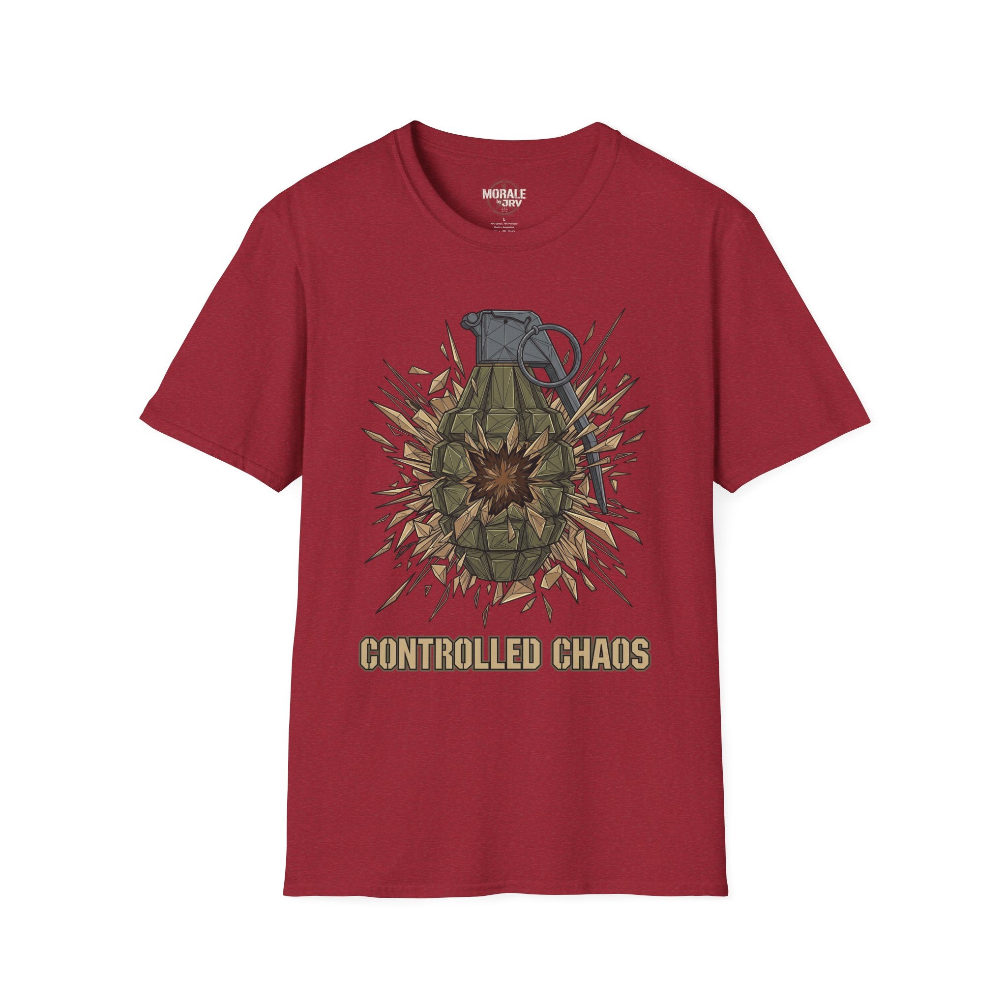Antique cherry red T-shirt with controlled chaos grenade explosion graphic