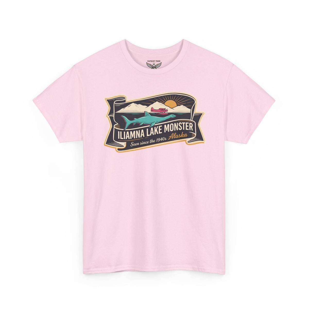 Light pink crewneck tee with retro lake monster graphic badge on front