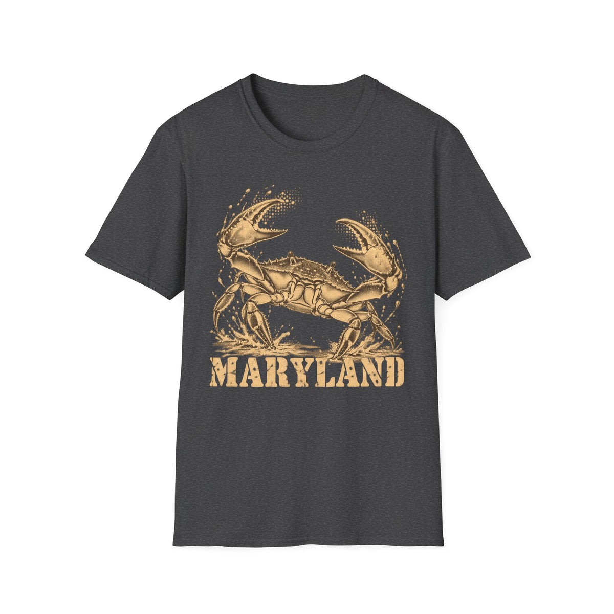 Dark charcoal short-sleeve T-shirt with gold crab graphic and “Maryland” text