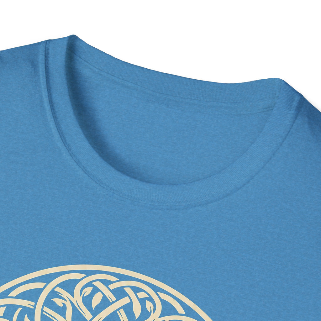 Blue crew-neck T-shirt close-up of neckline and partial graphic