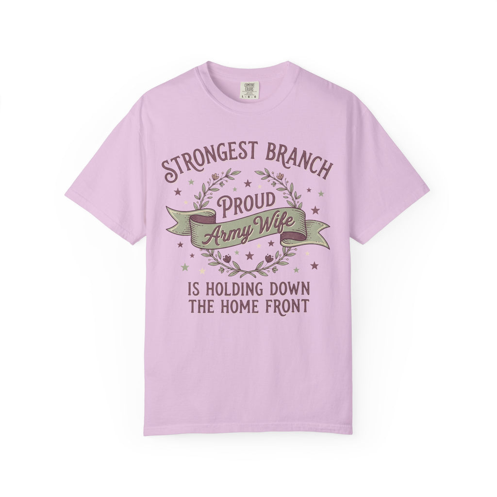 Lavender t-shirt with front graphic reading 'Strongest Branch' and 'Proud Army Wife'