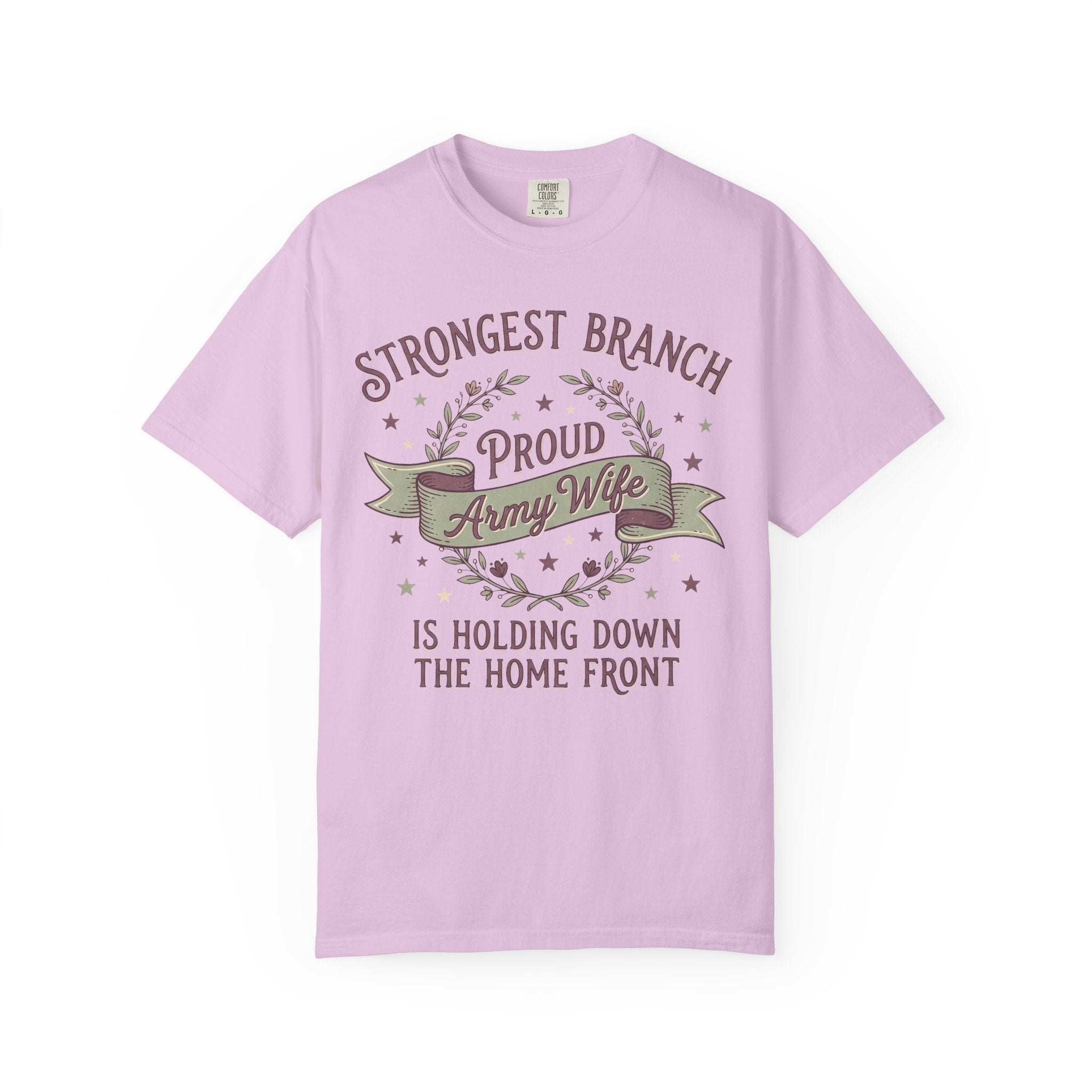Lavender T-shirt with Strongest Branch and Proud Army Wife graphic, home front text.