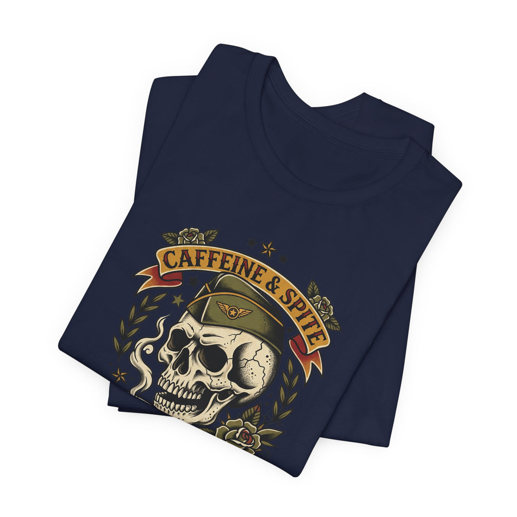 Navy T-shirt with Caffeine & Spite skull and coffee mug graphic