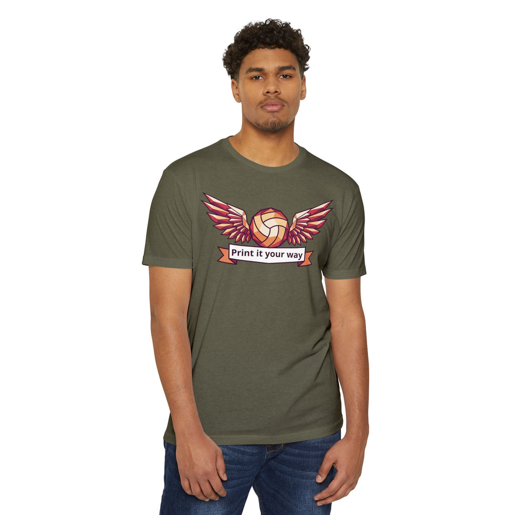 Unisex volleyball T-shirt, dark olive, winged volleyball logo on front