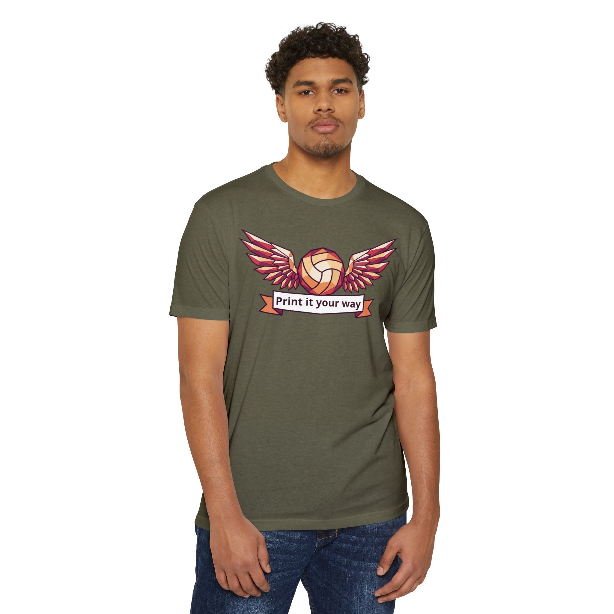 Unisex volleyball T-shirt, dark olive, winged volleyball logo on front