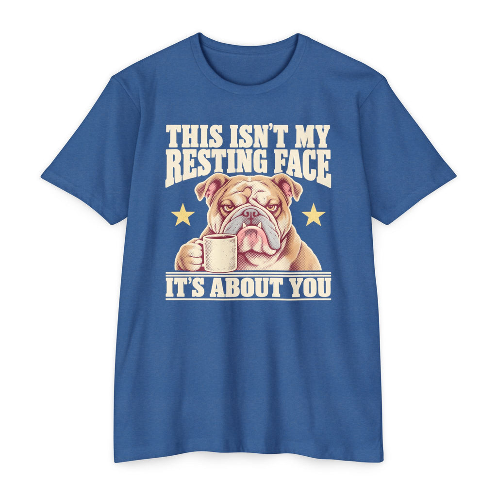Blue short-sleeve T-shirt with grumpy bulldog holding a coffee mug graphic