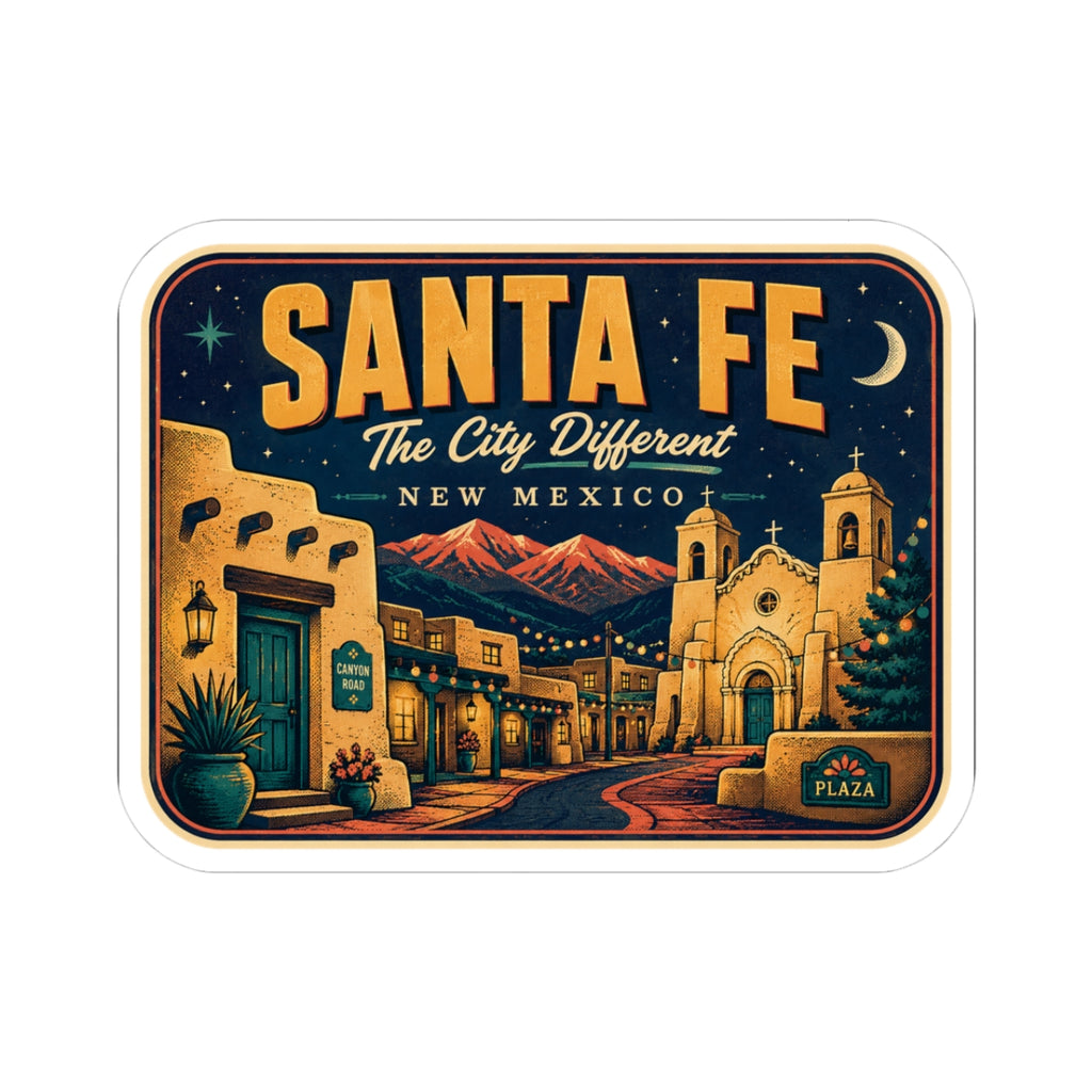 Santa Fe luggage tag sticker, rectangular design with town scene and “Santa Fe” text.