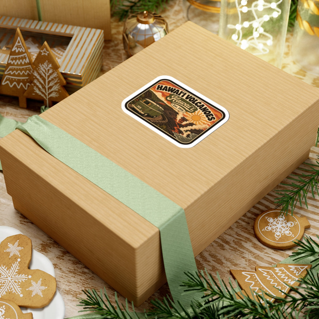 Kiss-cut travel sticker with Hawaii Volcanoes artwork on a wrapped gift box
