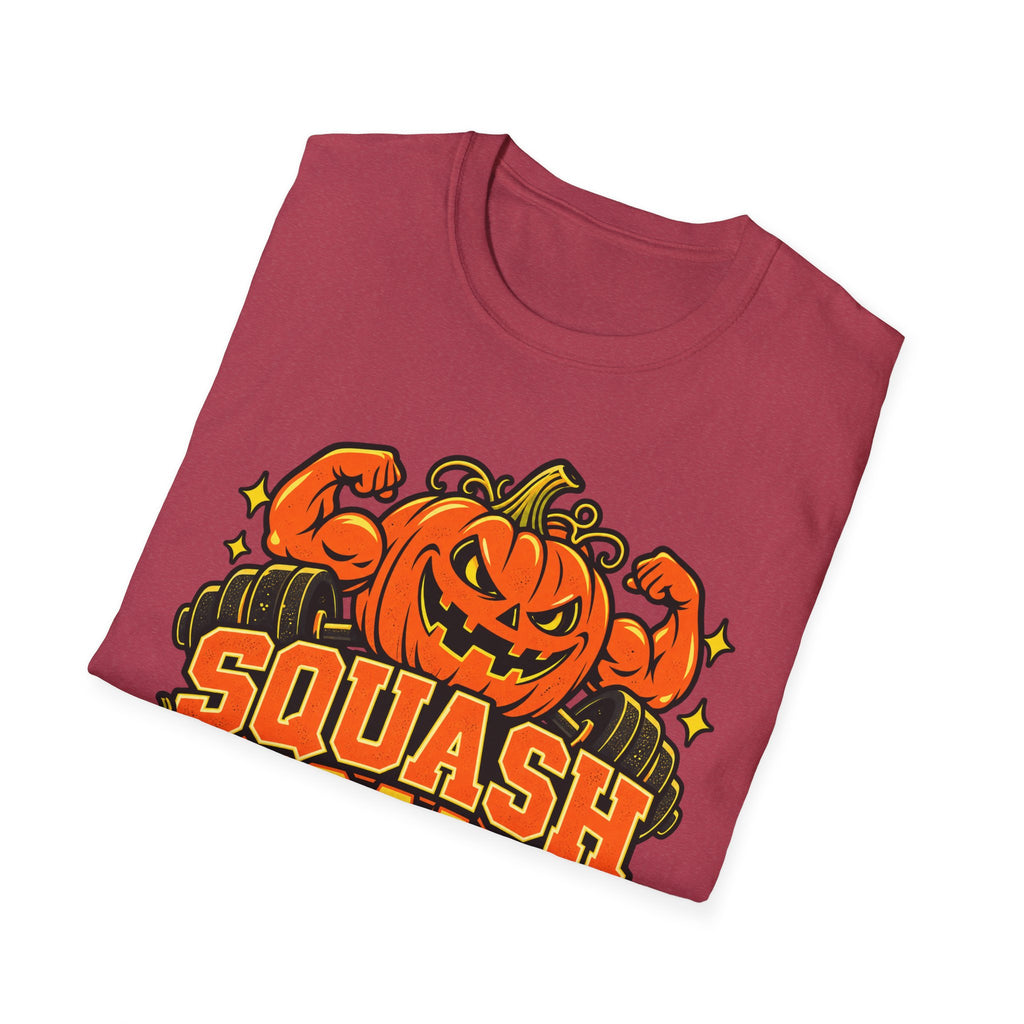 Red short-sleeve T-shirt with jack-o-pumpkin and 'SQUASH' graphic