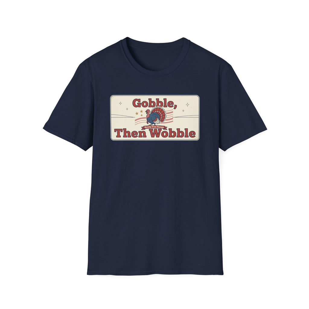 Navy T-shirt with retro turkey graphic reading "Gobble Then Wobble"