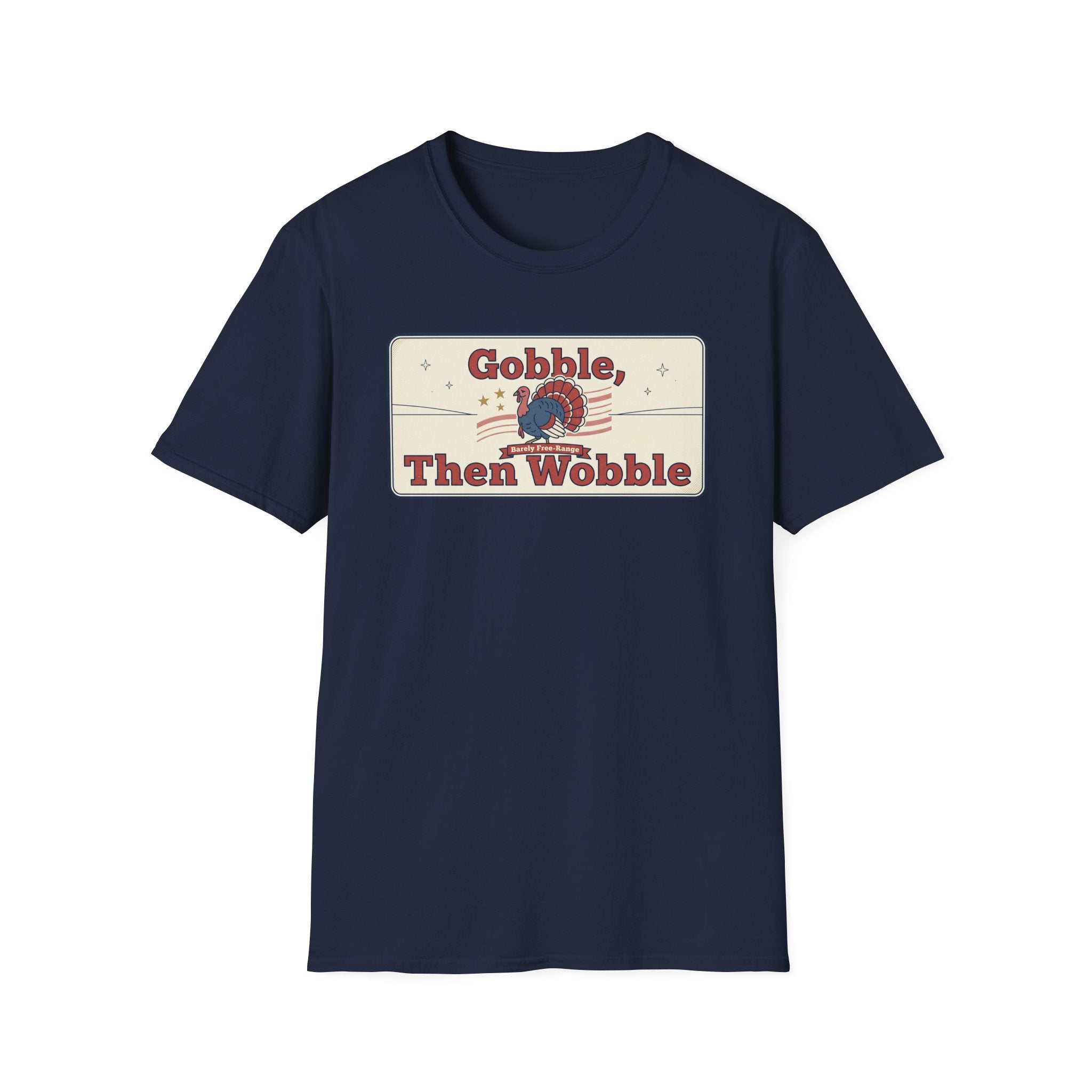 Navy T-shirt with retro turkey graphic reading "Gobble Then Wobble"
