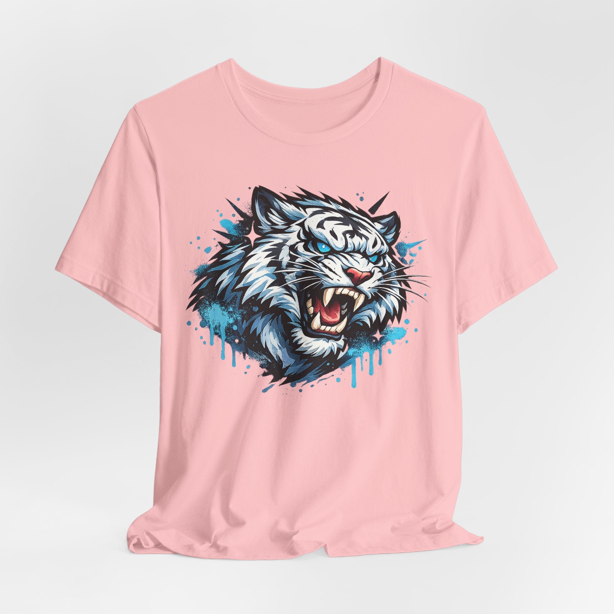 Pink crewneck T-shirt with roaring tiger head face graphic, blue paint drips