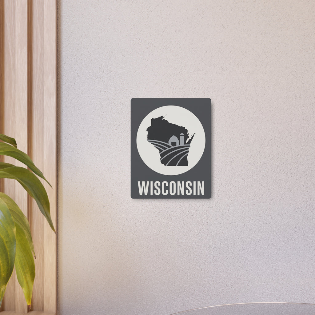Small Wisconsin metal wall plaque with circular farm icon and WISCONSIN text