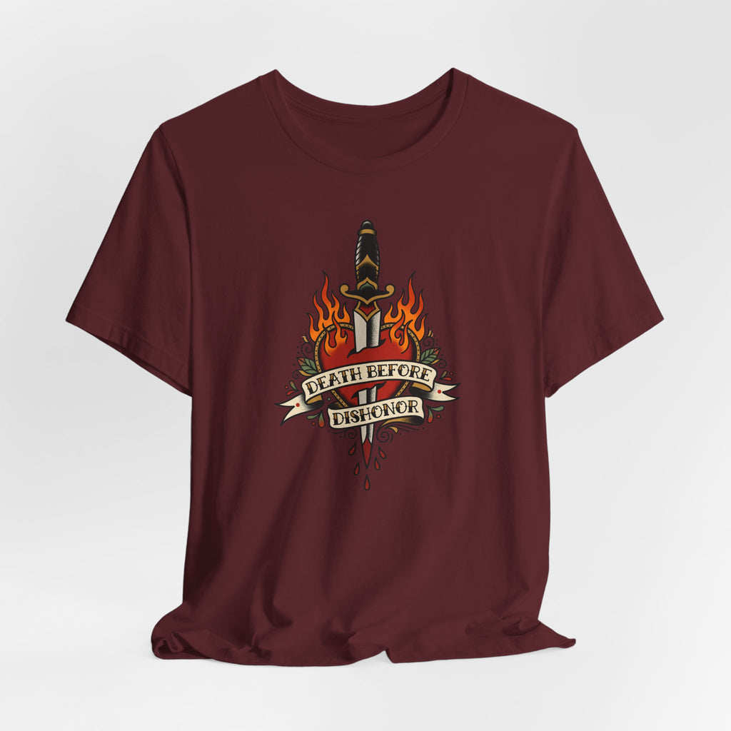 Maroon T-shirt front with dagger, flames, and banner graphic