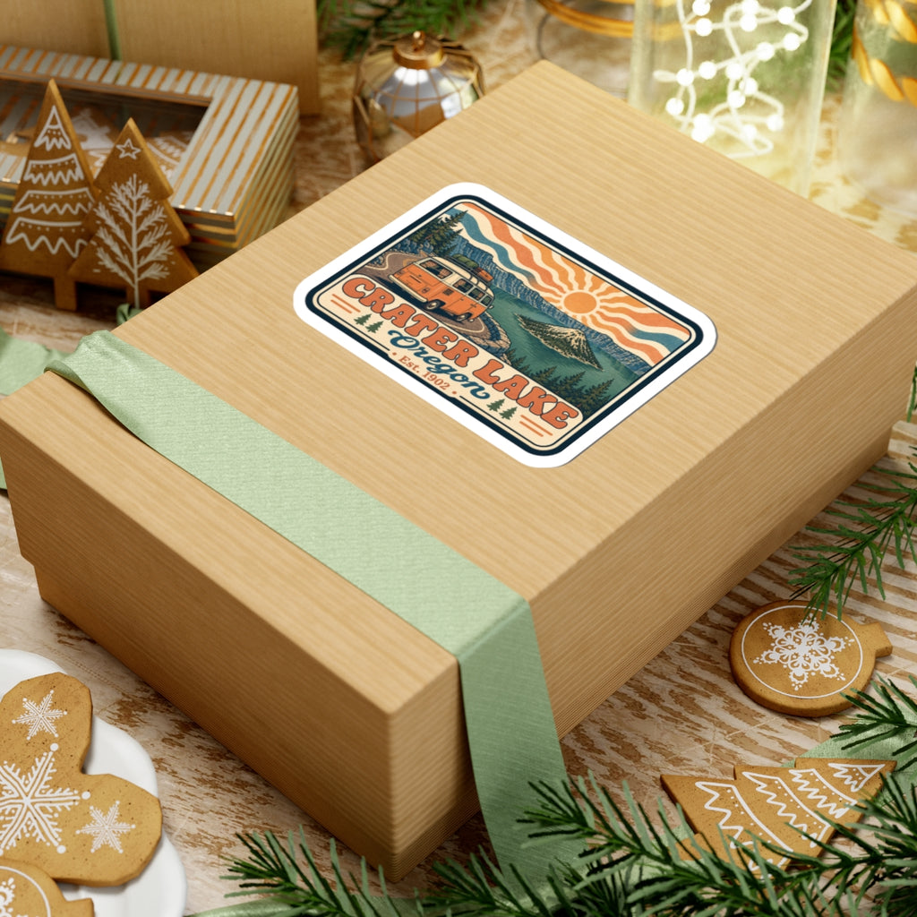 Kiss-cut sticker on gift box top, retro Crater Lake Oregon landscape with orange camper van