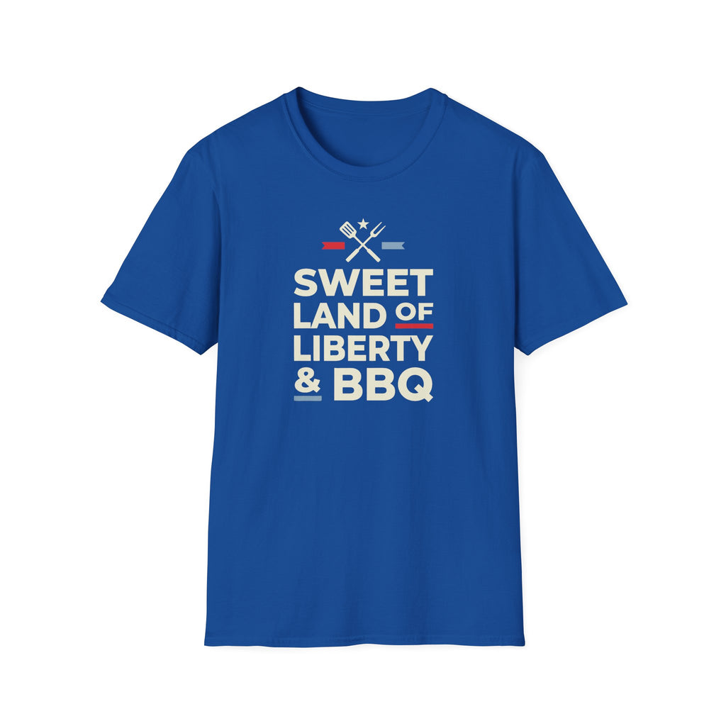 Royal blue crew-neck T-shirt with 'Sweet Land of Liberty & BBQ' graphic