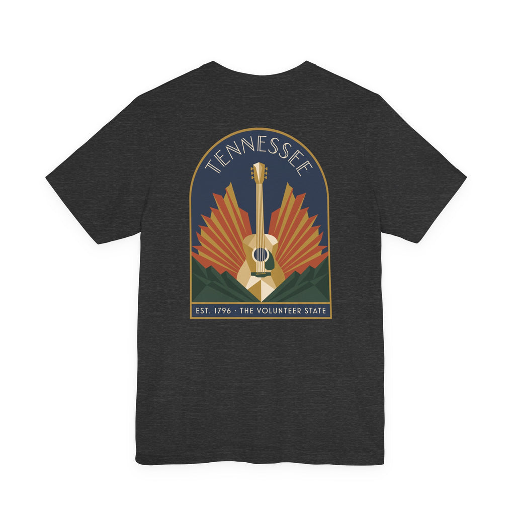Charcoal black crew-neck T-shirt with Tennessee guitar art graphic on chest
