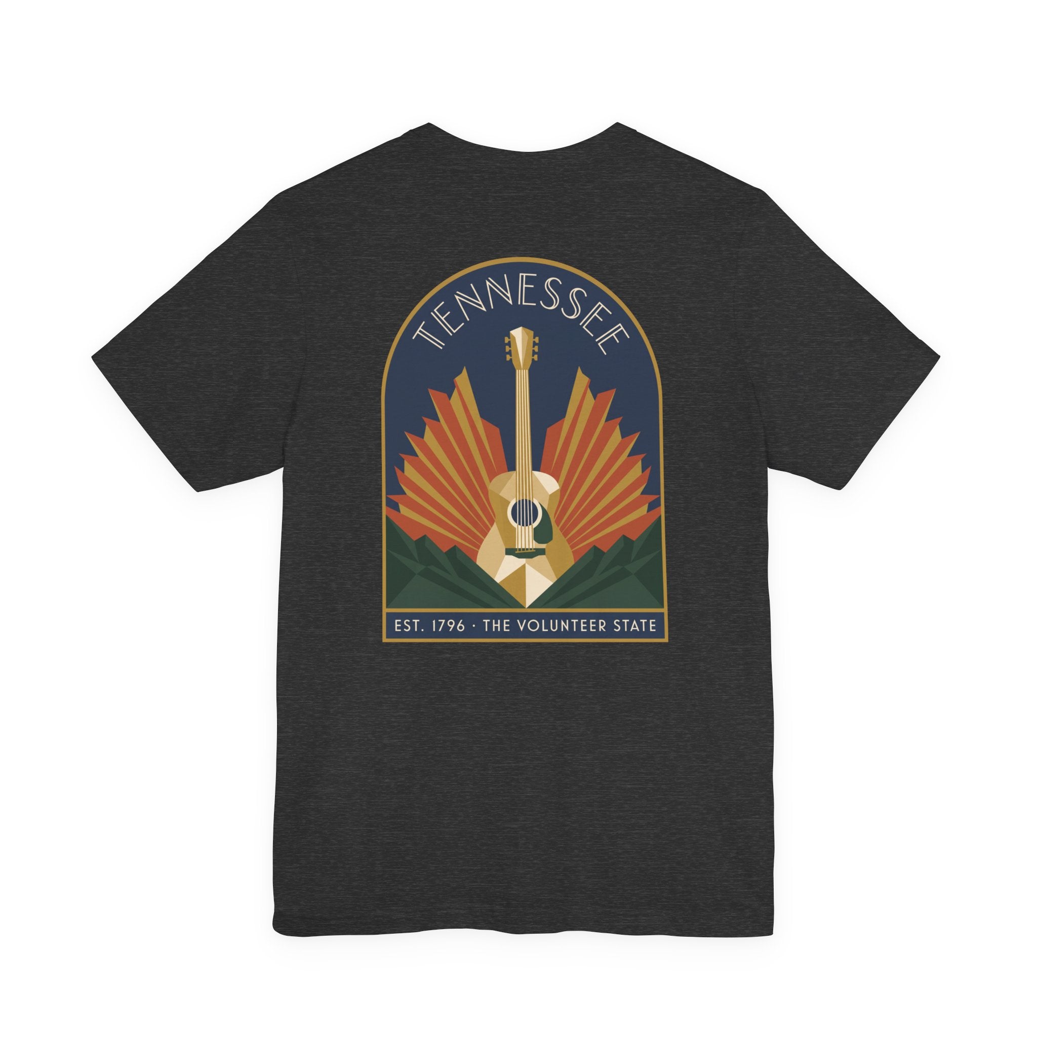 Charcoal black crew-neck T-shirt with Tennessee guitar art graphic on chest