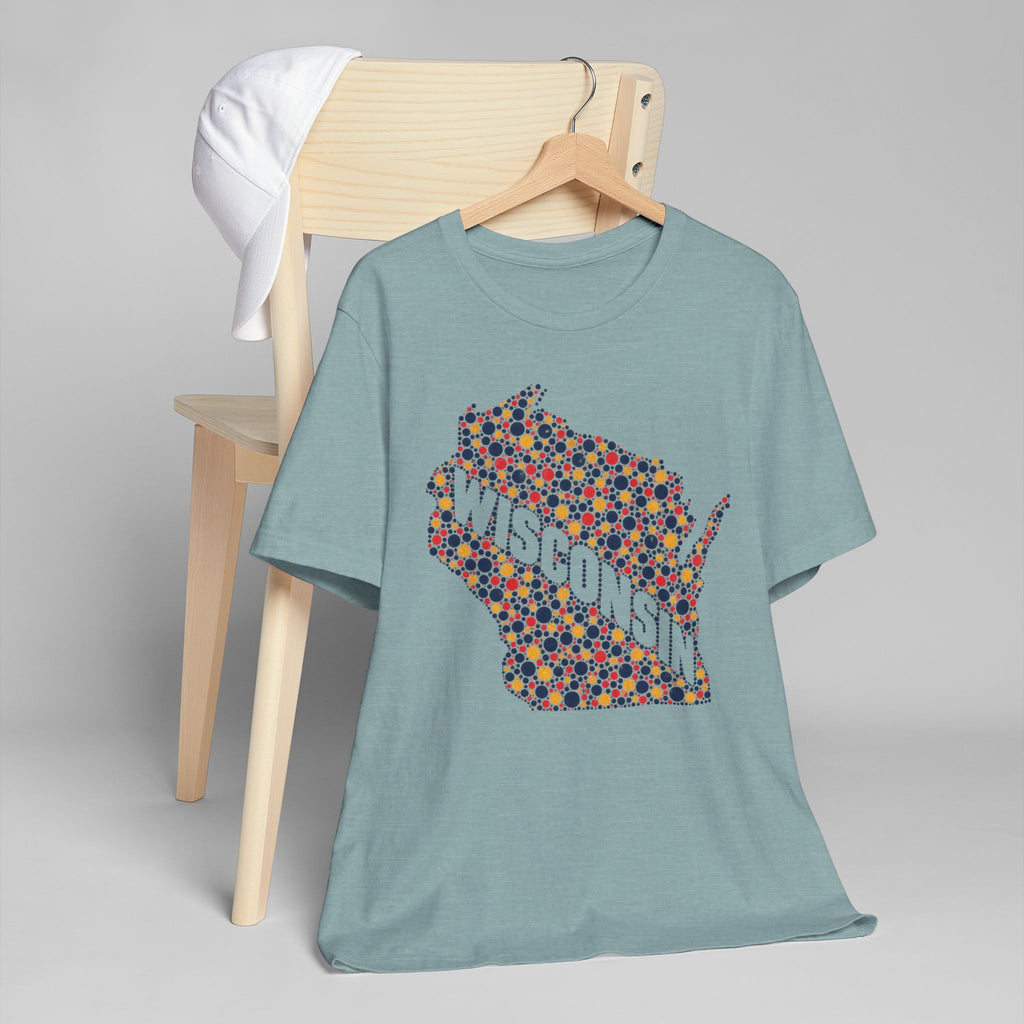 Teal T-shirt with colorful dotted Wisconsin map floral graphic on the front