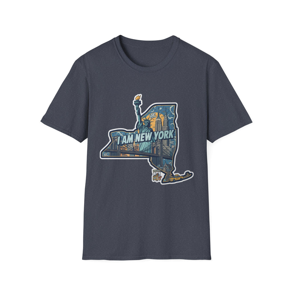 Heather navy T-shirt with NYC skyline and “I Am New York” graphic print on chest