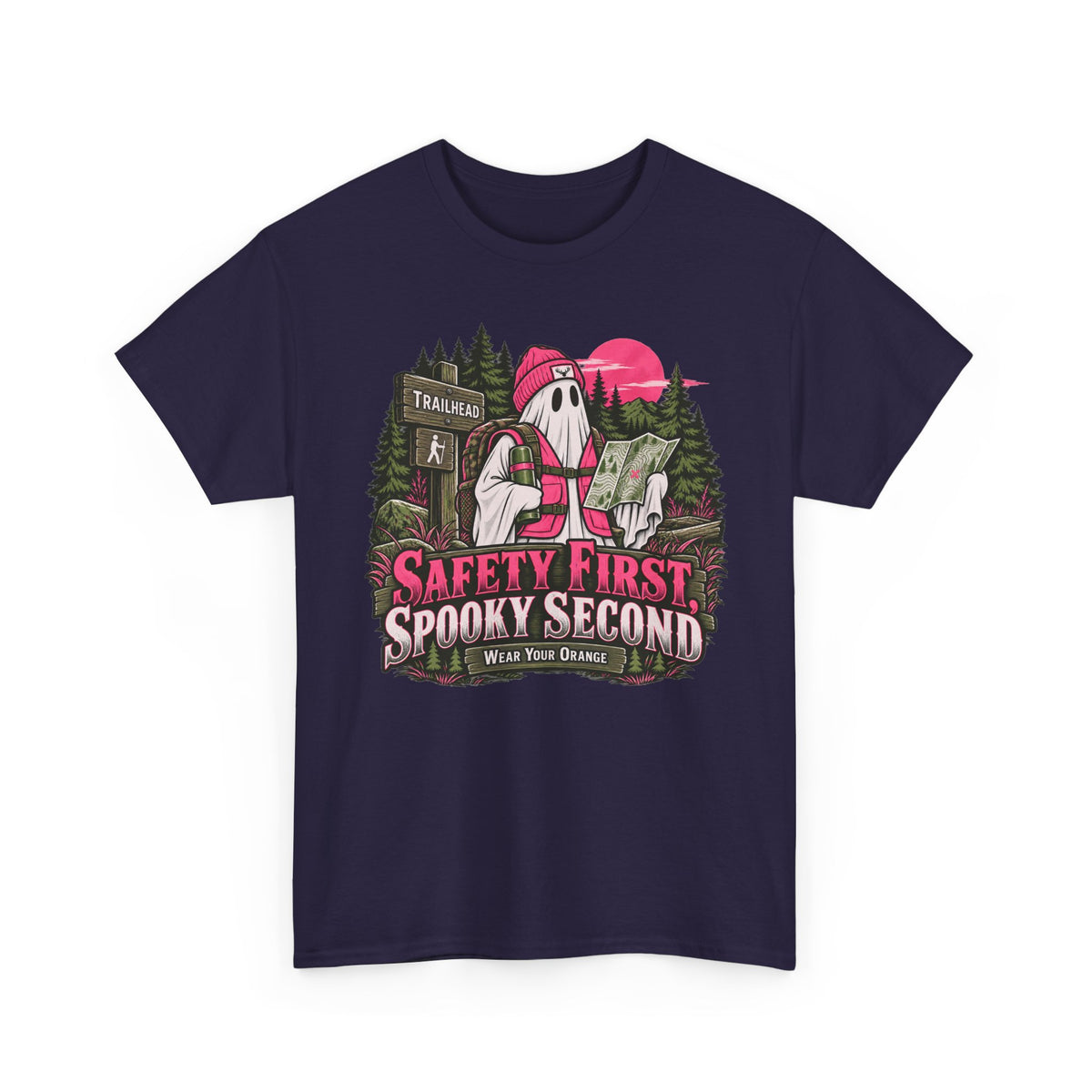 Safety First Spooky Second T-Shirt, Funny Ghost Hiker Halloween Shirt for Men and Women, Camping Trail Graphic Tee