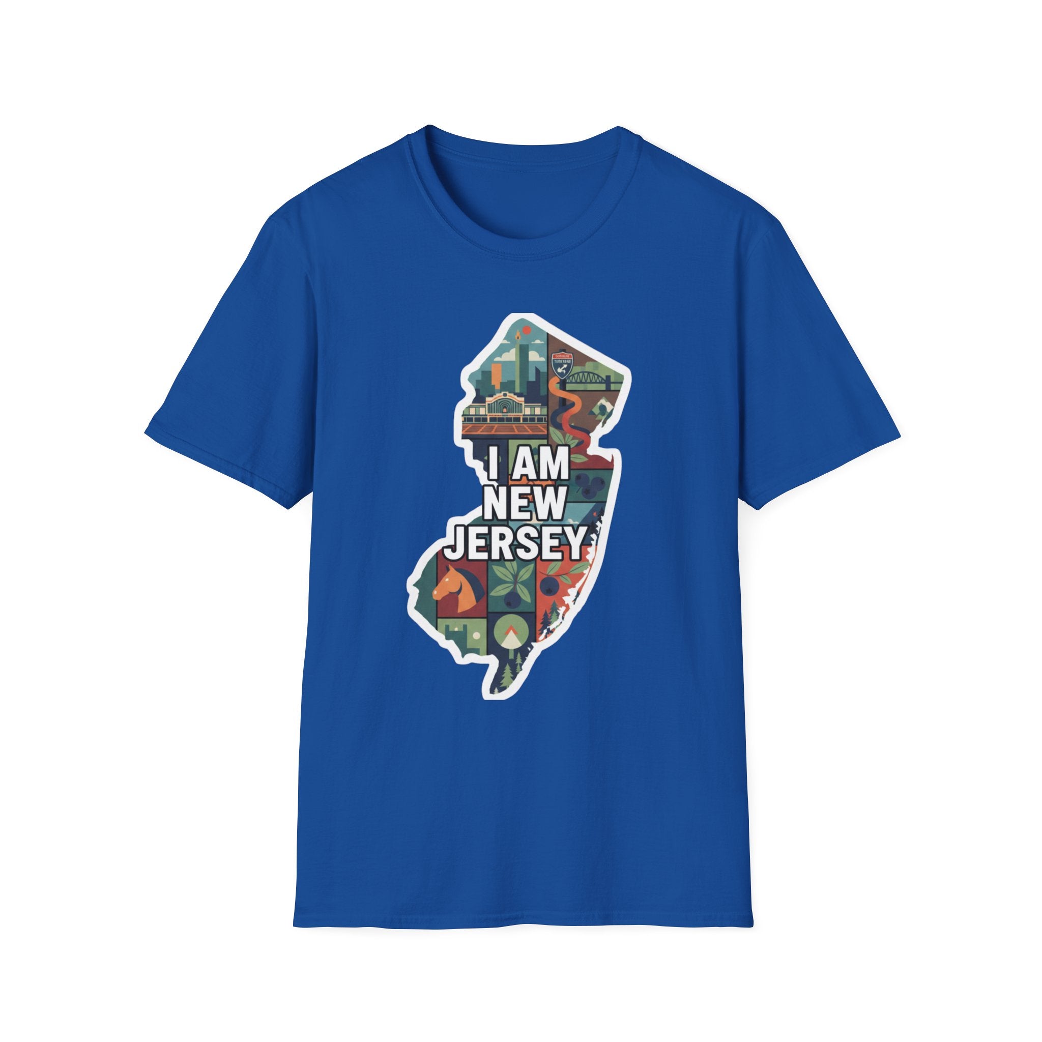 Royal blue New Jersey map graphic T-shirt with multicolor "I AM NEW JERSEY" design