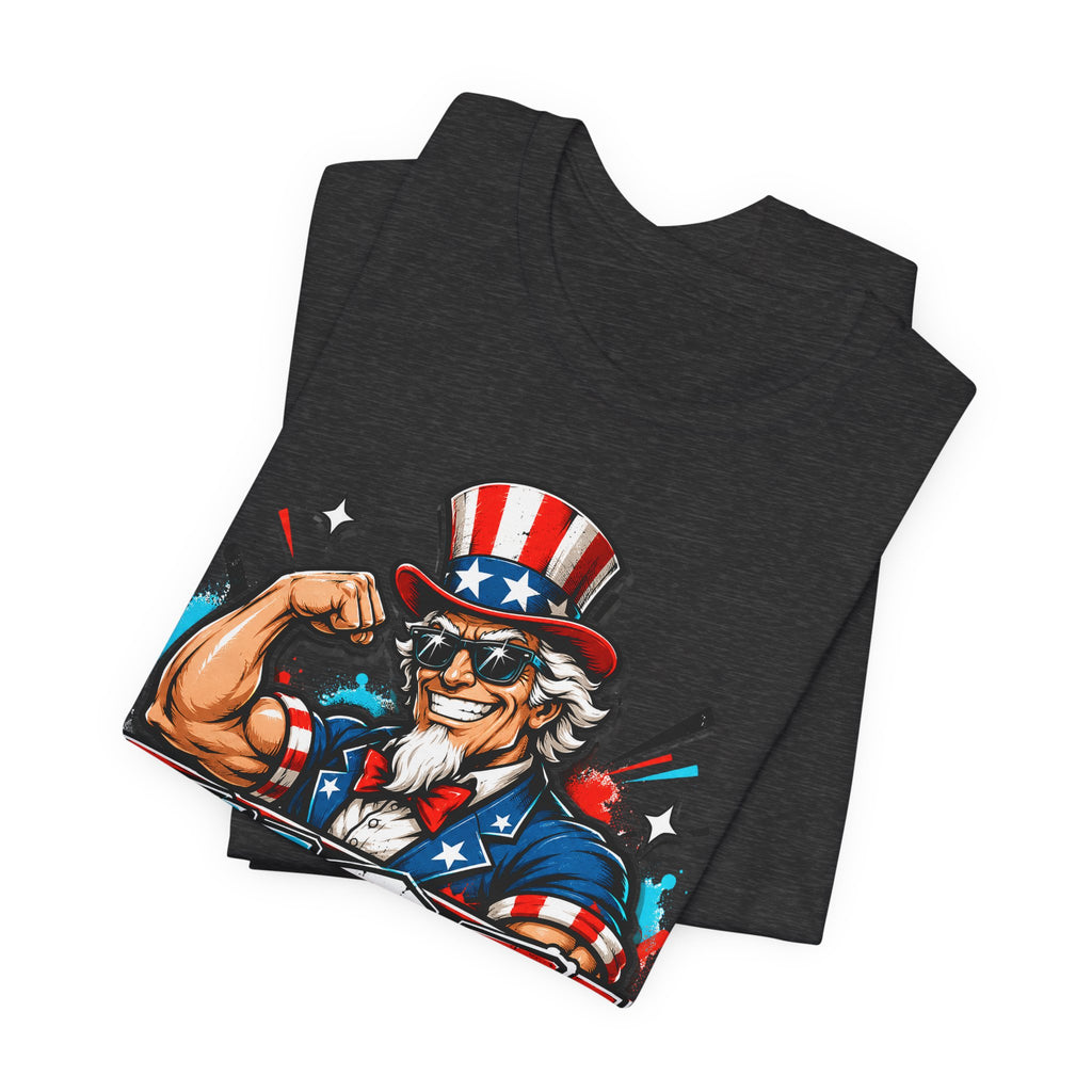 Dark charcoal muscle T-shirt with Uncle Sam USA graphic, folded view