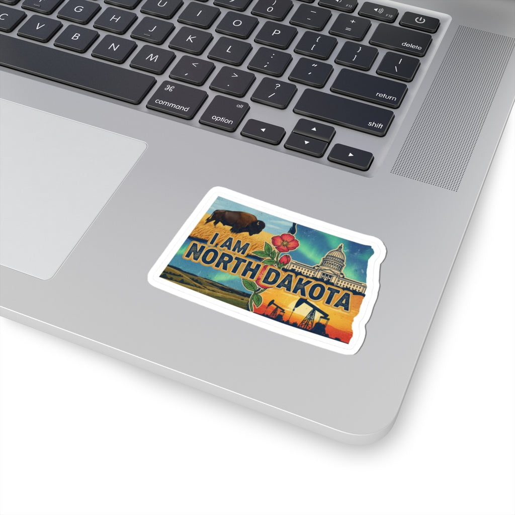 North Dakota sticker on laptop with white border, buffalo, capitol and flowers