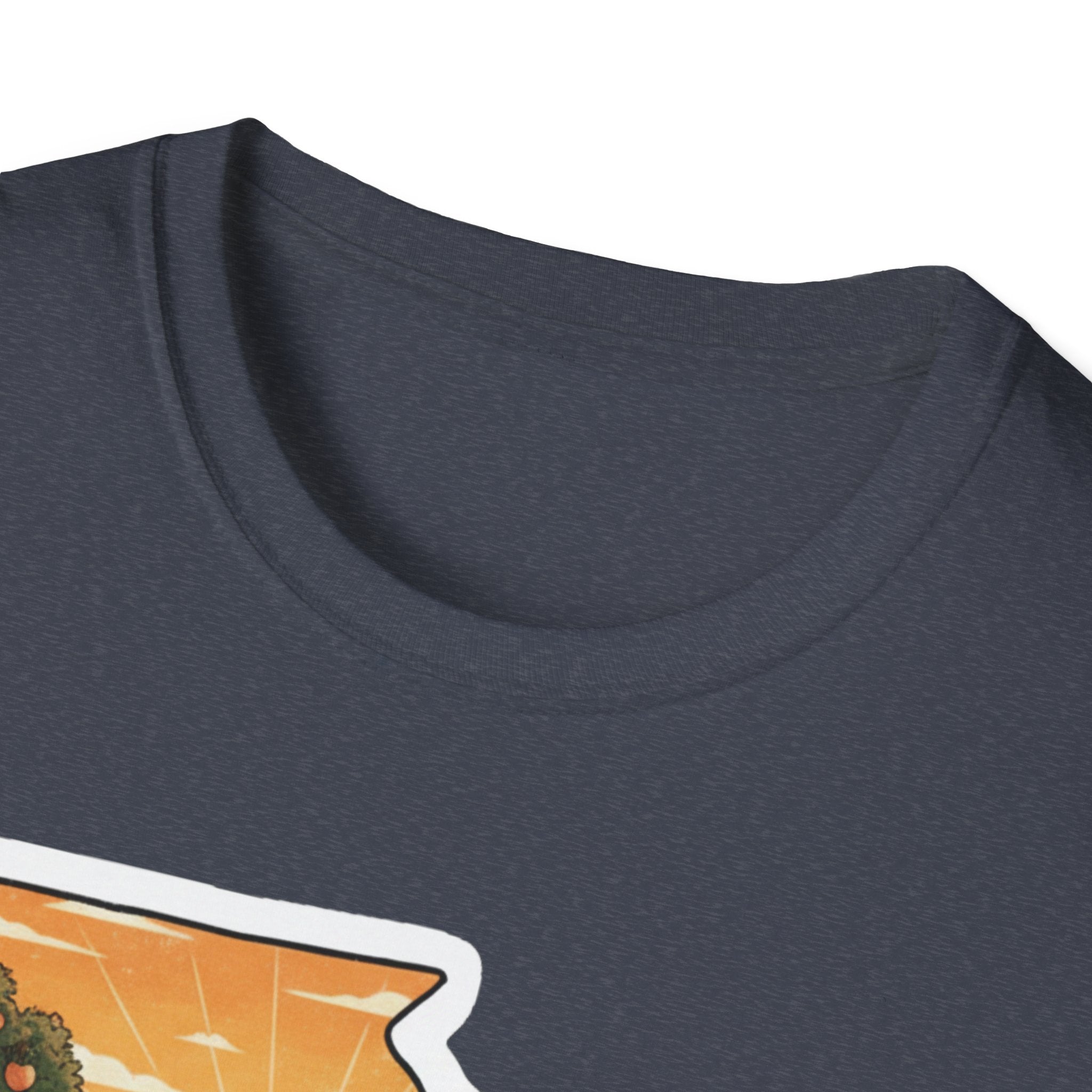 I Am Georgia T-shirt in dark heather blue, close view of crew neck and map artwork edge