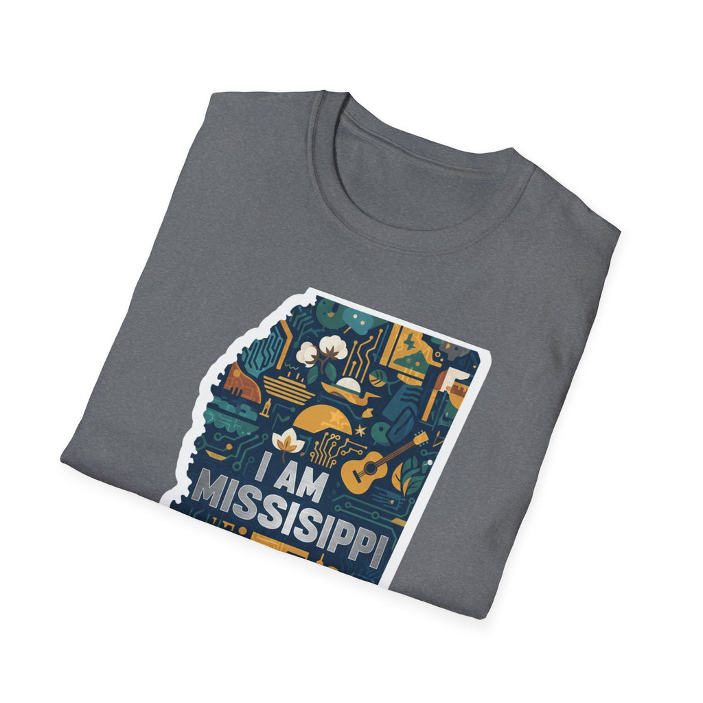 Heather gray T-shirt with full “I AM MISSISSIPPI” illustrated state graphic