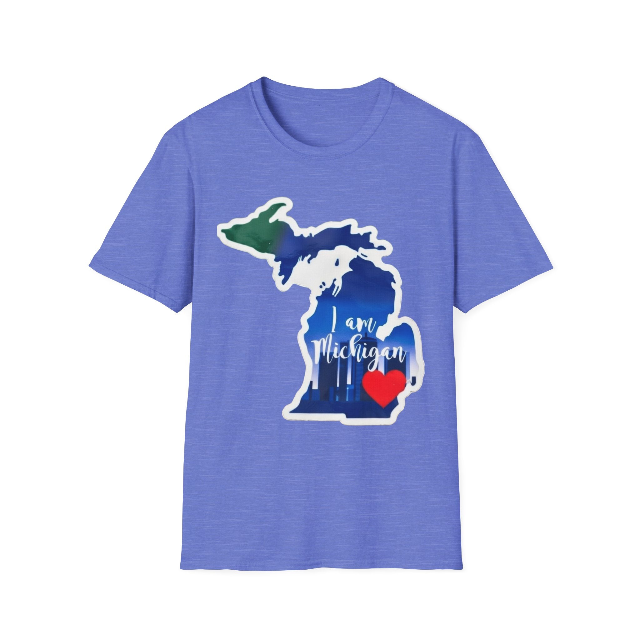 Blue Michigan map T-shirt with blue state graphic, red heart, and “I am Michigan”